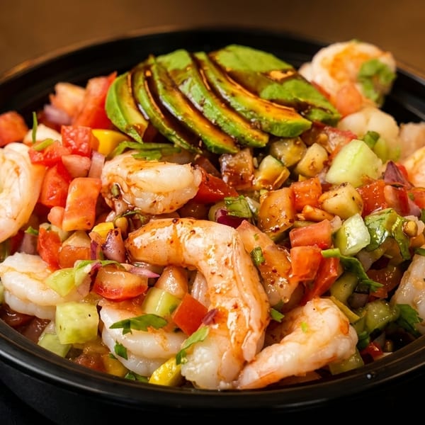 A vibrant shrimp ceviche bowl with avocado slices, tomatoes, cucumbers, and red onions.